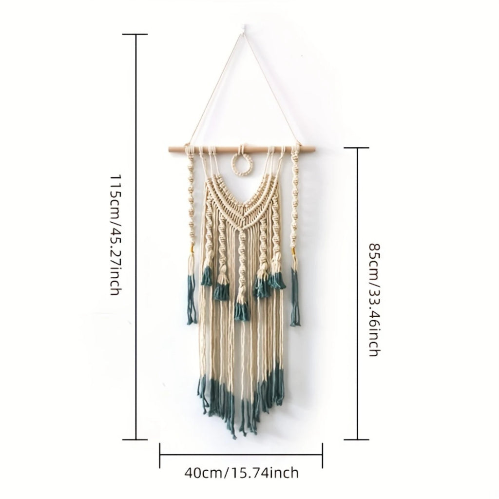 1pc Bohemian Tapestry Green And Beige Woven With Tassel, Macrame Wall Hanging For Bedroom Living Room  Decor