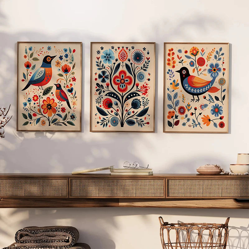 Norwegian Folk Art Floral Bird Poster Nordic Print Abstract Canvas Painting Scandinavian Wall Art Picture Living Room Home Decor