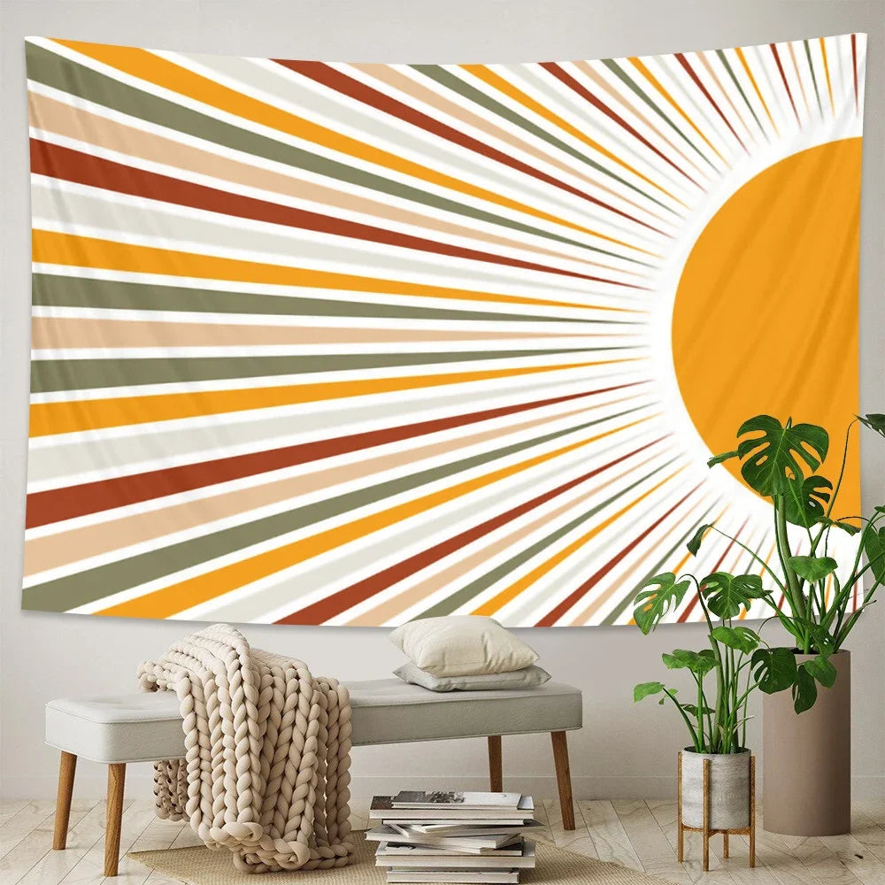 Vintage Sun and Moon Tapestry Retro 70s Rainbow Sunrise Sunset Abstract Boho Wall Hanging Hippie Meditation Bohemian Decor Tapiz