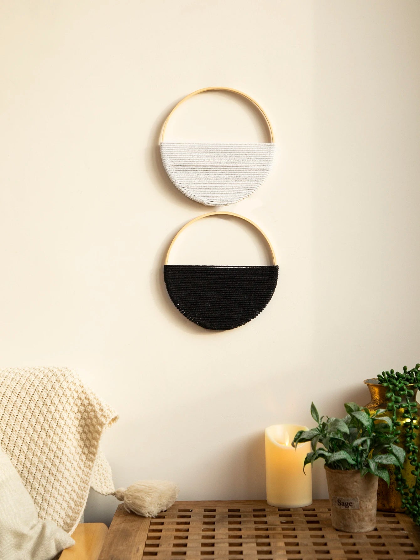 2pcs Macrame Round Wall Hanging Woven Tapestry Bamboo Circle Wall Decor Boho Home Decorations Living Room Decors Aesthetic Gifts