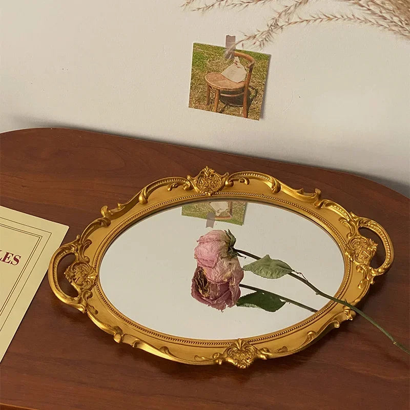 European Decorative Plate Storage Tray Oval Plate Jewelry Display Rotary Candy Decor Tray Mirror Decorative Make Up Mirror