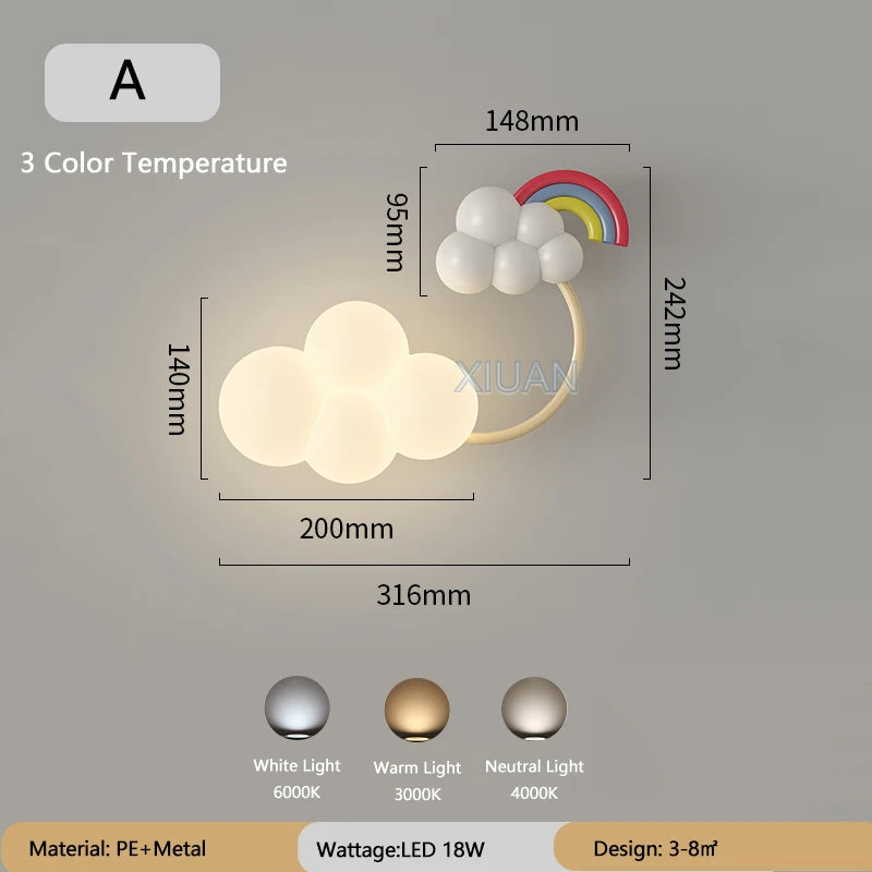 Cartoon Airplane Wall Lights PE Lampshade Star Rainbow Kite Hot air balloon Cloud Night Light Children Bedroom Bedside Wall Lamp