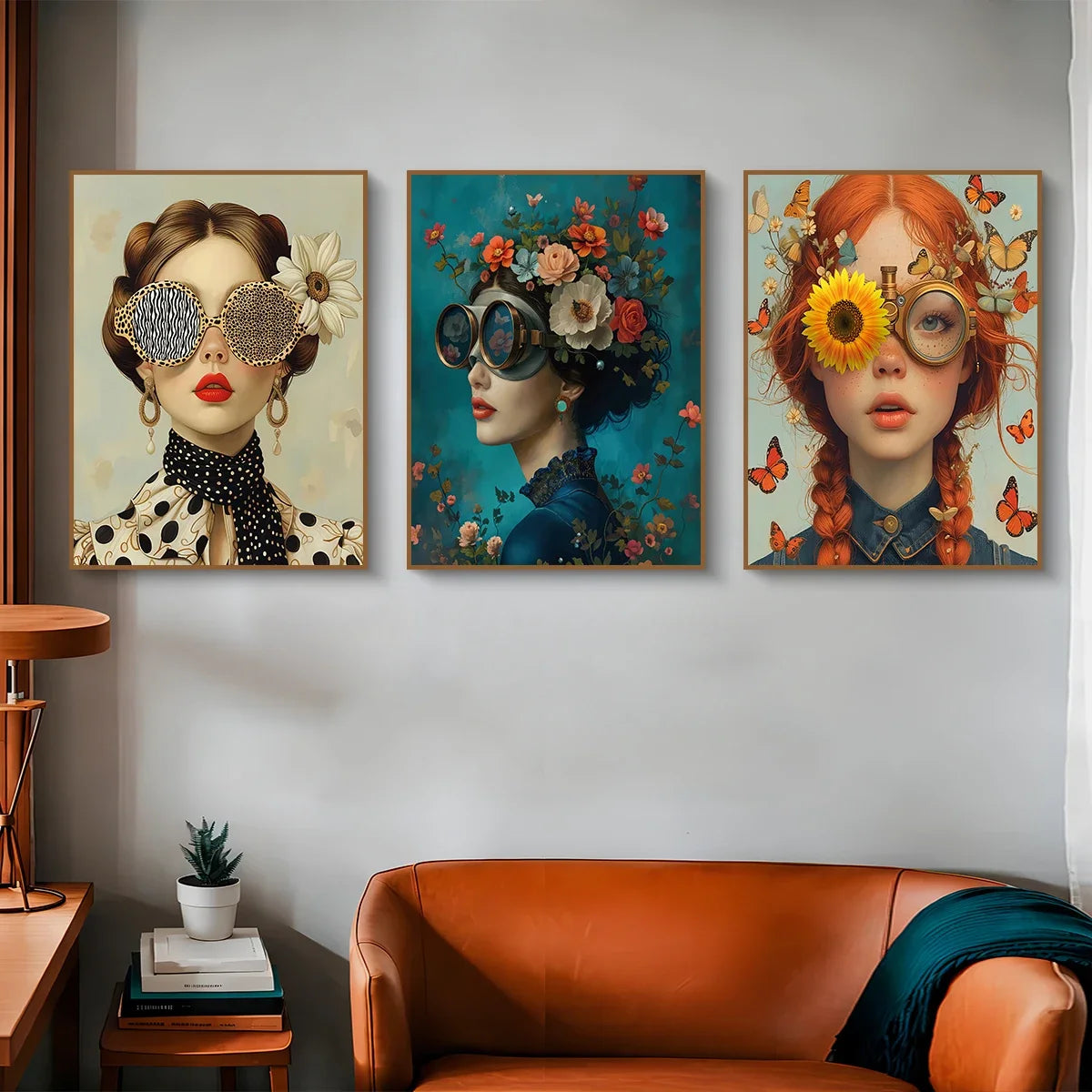 3pcs Nordic Boho Fashion Glasses Woman with Flowers Wall Art Canvas Painting Butterfly Girl Portrait Poster Prints Mural Picture
