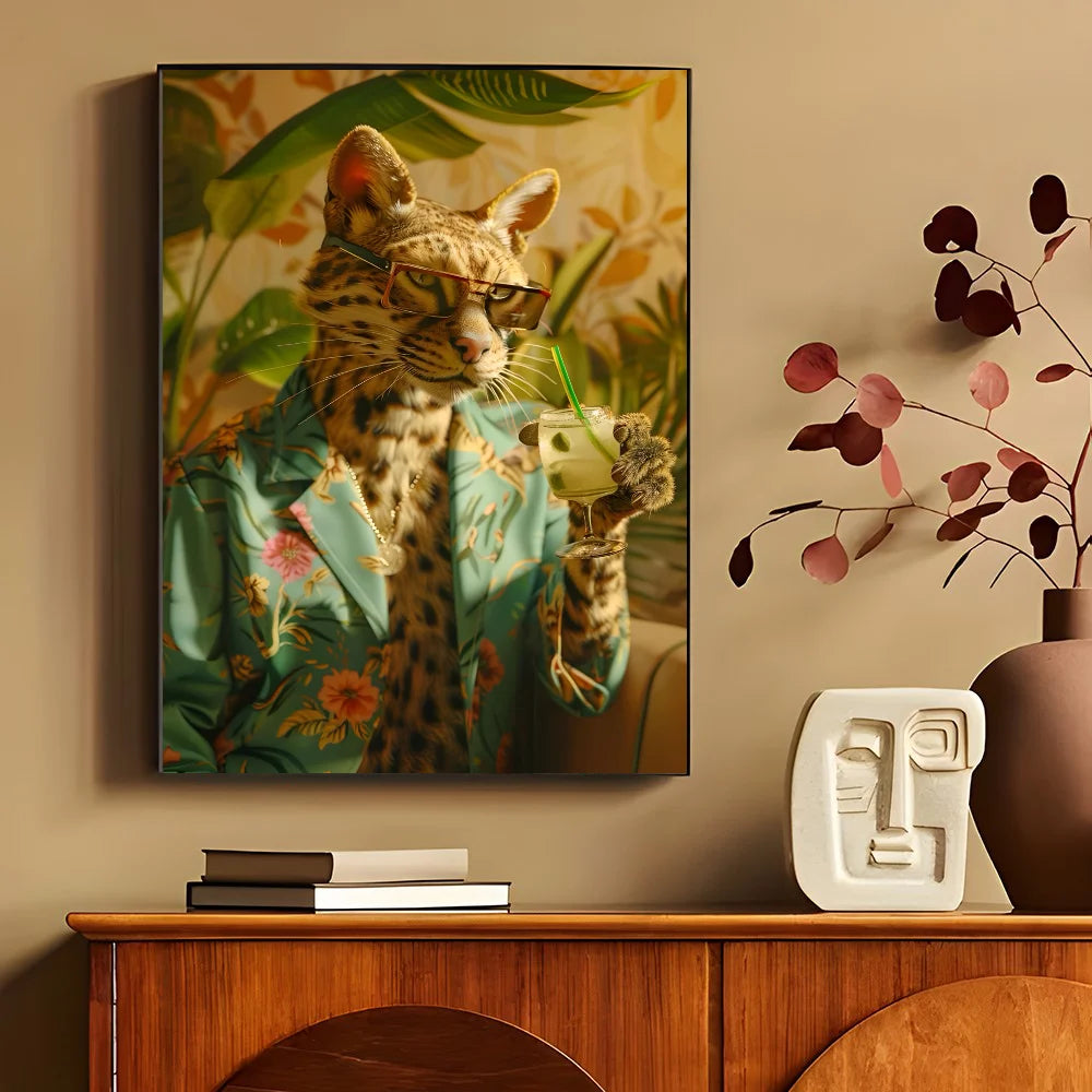 1PC Modern Maximalist Boho Wall Art Animals Leopard Lion Giraffe Monkey Poster Self-adhesive Art Waterproof Paper Sticker Coffee