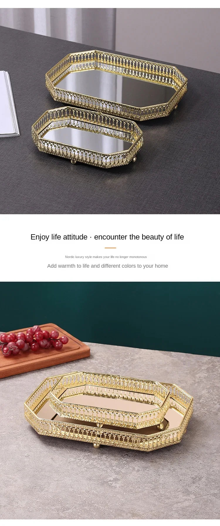 Luxury Mirror Metal Tray Cafe Restaurant Home Entrance Storage Tray Sample Pose Decoration Props Trays Decorative