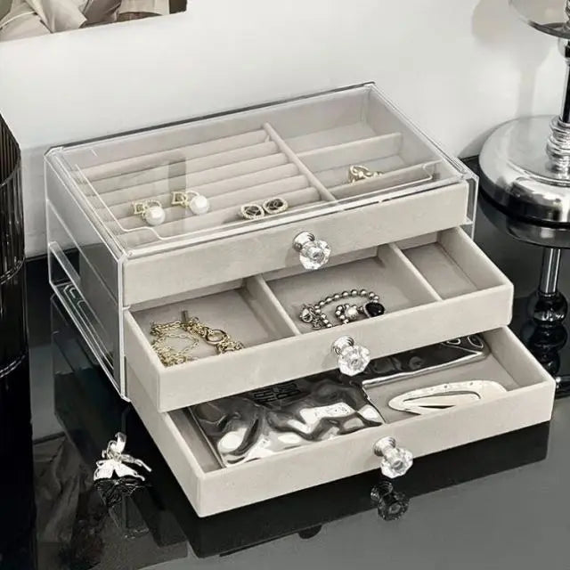 Acrylic Velvet Jewelry Organizer with 3 Drawers Stackable Display Storage Earrings Necklace Bracelets Box Holder Case for Women