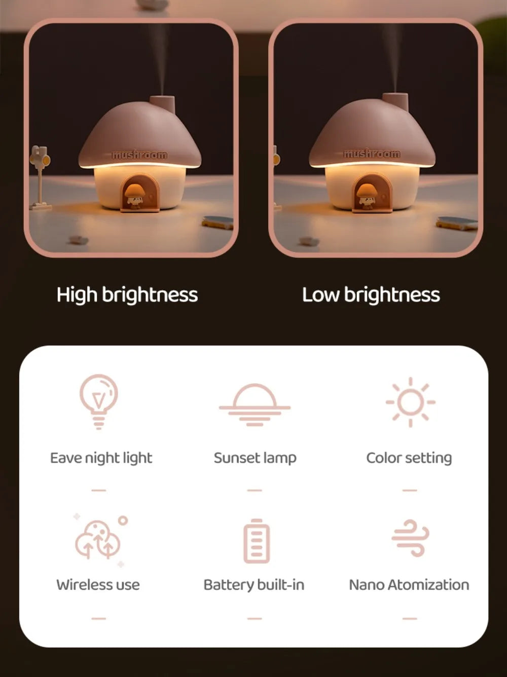 Cartoon Air Humidifier 300ml Mini Essential Oil Aroma Diffusers Colorful Lighting Cute Mushroom House Home Ultrasonic Humidifier