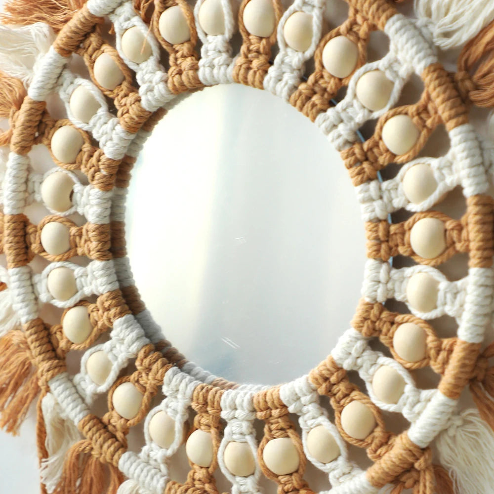 Boho Macrame Round Mirror Decorative Mirrors Aesthetic Room Decor Hanging Wall Mirror for Bedroom Living Room House Decoration