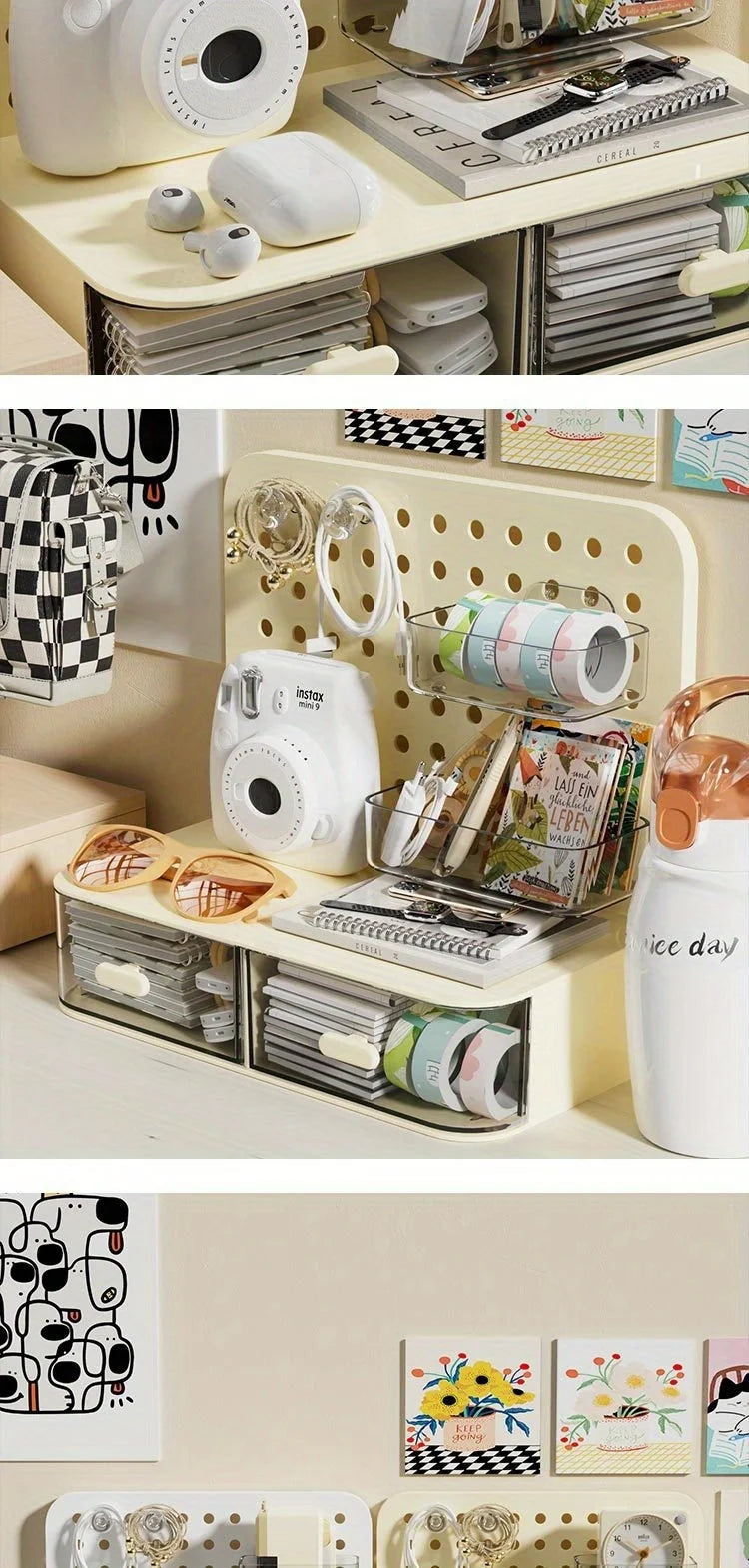 Kawaii Hook Drawer Type Hole Board Small Card Stand Display Desktop Idol Storage Box Desk Stationery Organization Storage Rack
