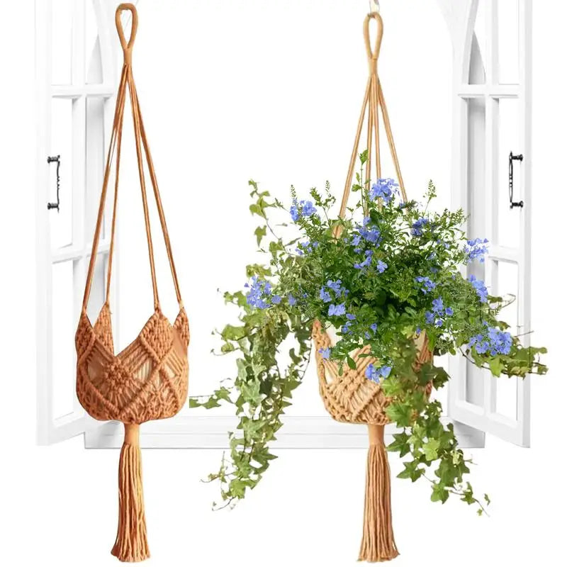 Macrame Plant Hanger 2X Hangable Planter Holder Trendy Boho Crochet Ceiling Home Decor Flower Pots Basket For Window And Porch