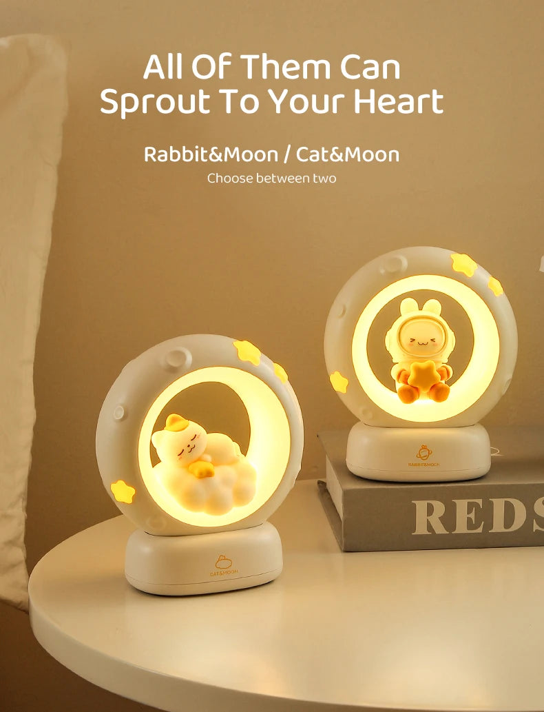 3Style Moon Night Light Cute Rabbit Cat Panda Lamps Room Bedside Decoration USB Rechargeable Kawii Animal Gift Warm Soft Light