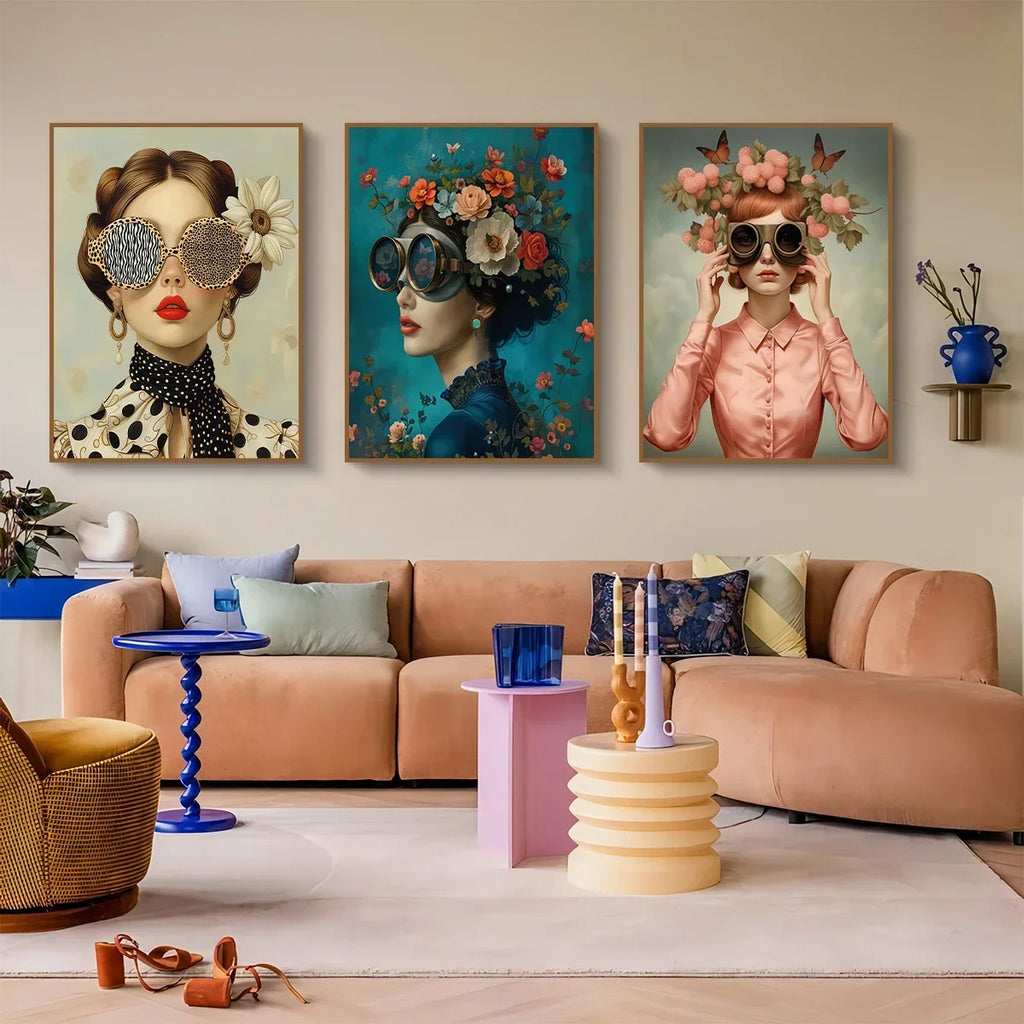 3pcs Nordic Boho Fashion Glasses Woman with Flowers Wall Art Canvas Painting Butterfly Girl Portrait Poster Prints Mural Picture