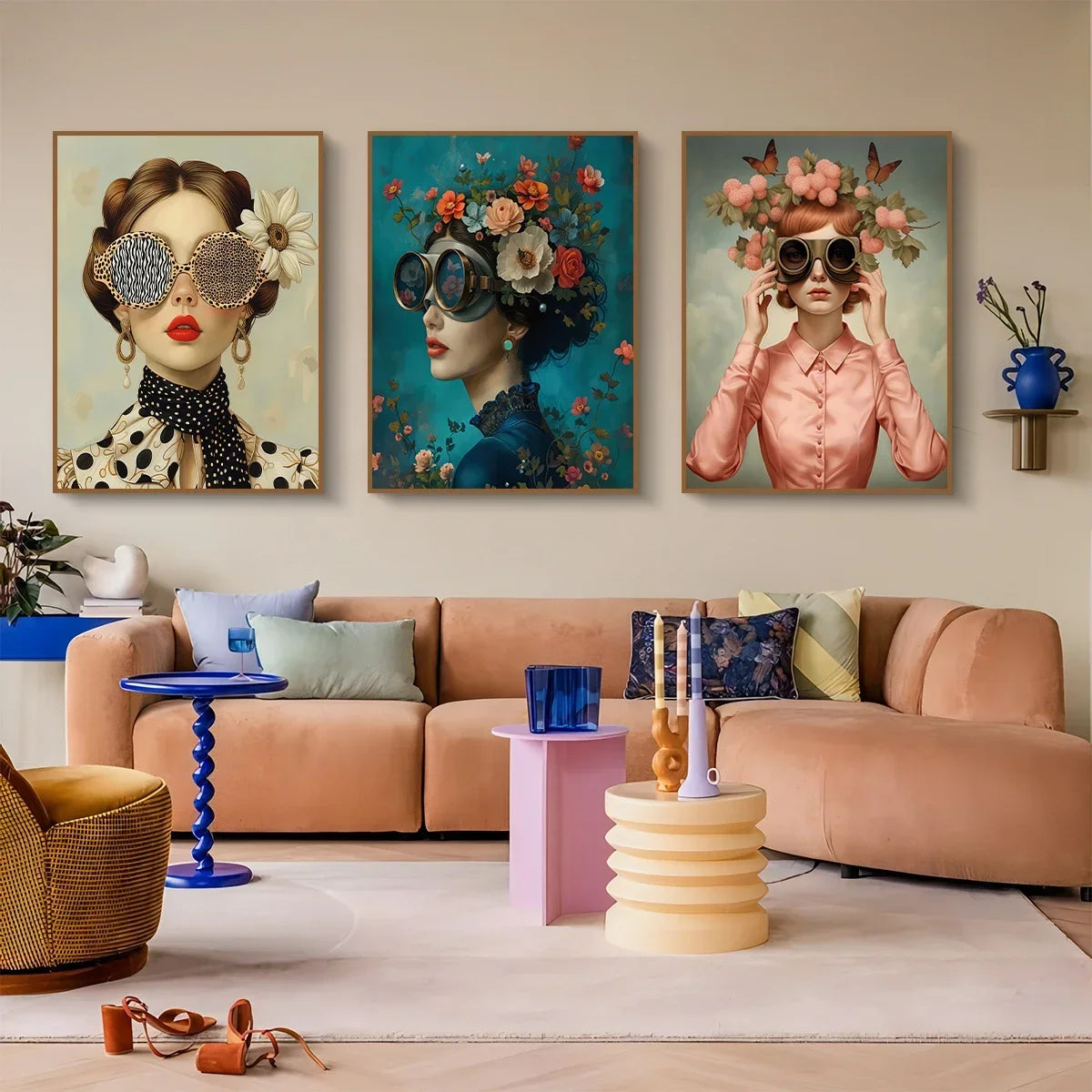 3pcs Nordic Boho Fashion Glasses Woman with Flowers Wall Art Canvas Painting Butterfly Girl Portrait Poster Prints Mural Picture