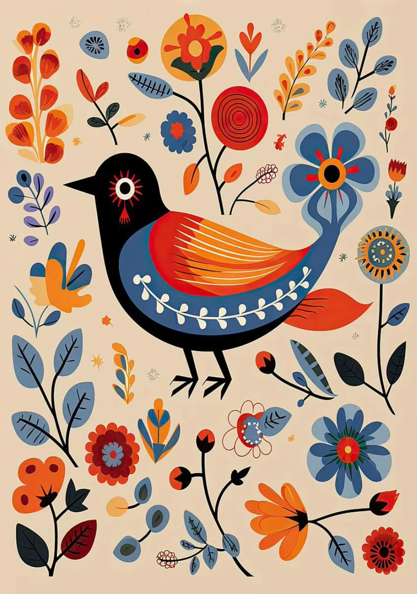 Norwegian Folk Art Floral Bird Poster Nordic Print Abstract Canvas Painting Scandinavian Wall Art Picture Living Room Home Decor