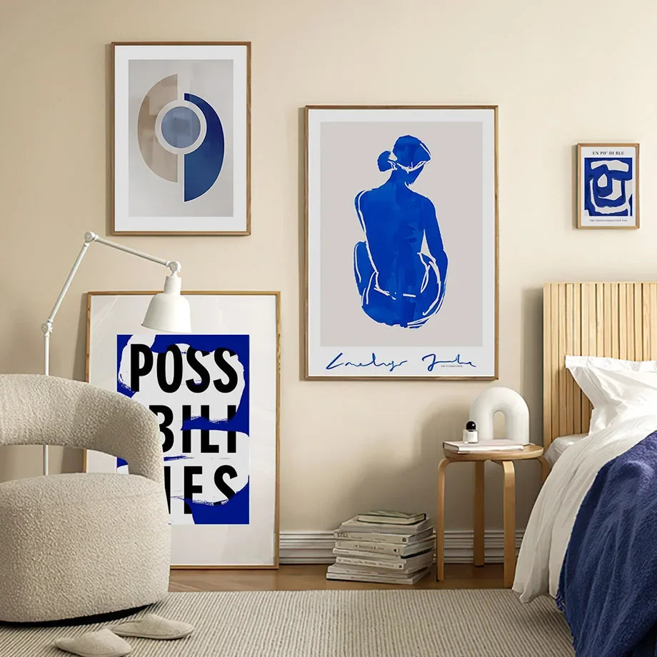 Scandinavian Simple Abstract Wall Art Blue Girl Body Lines Face HD Canvas Poster Print Home Bedroom Living Room Decoration